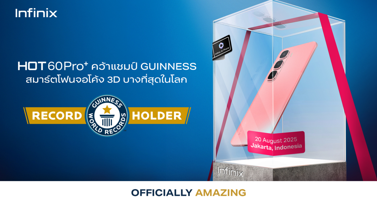 อินฟินิกซ์ ส่ง Infinix HOT 60 Pro+ บันทึกสถิติใหม่บน GUINNESS WORLD RECORDS ขึ้นแท่นสมาร์ทโฟนจอโค้งสามมิติที่บางที่สุดในโลก